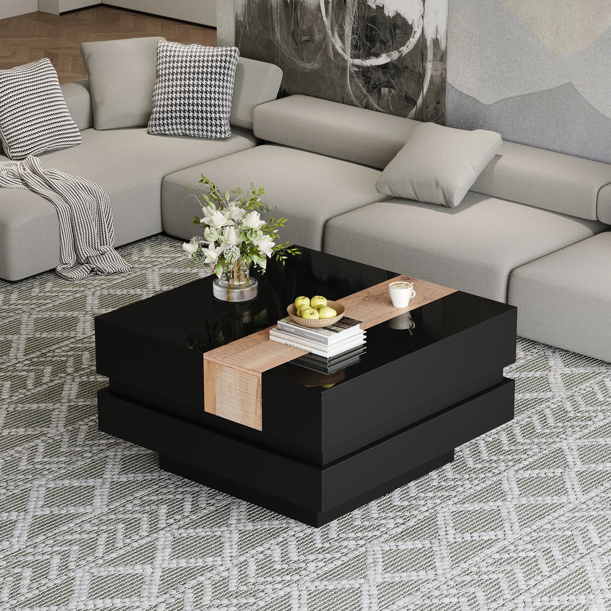 70*70*39cm quadratischer Wohnzimmertisch, ausziehbarer Couchtisch, Teetisch im Farbblock-Design, Hochglanz-Wohnzimmer-Beistelltisch, MDF Image