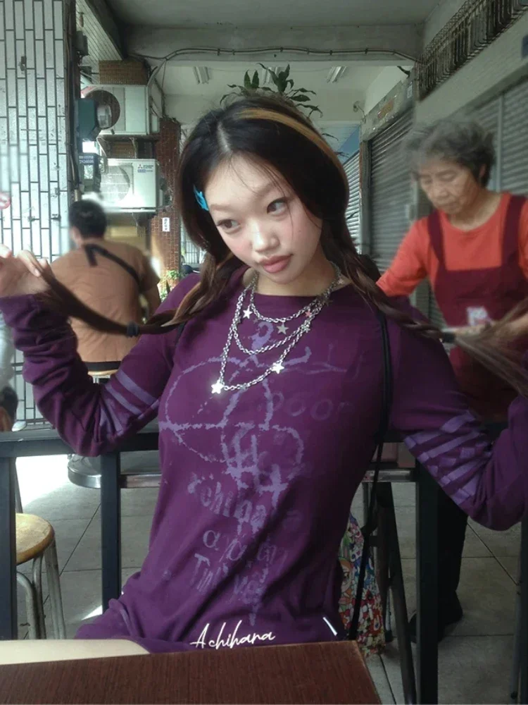 American Vintage Langarm Frauen Y2k Brief Drucken T-shirt Street Wear StyleT-Shirt Harajuku Lila Tops Retro Punk Frühling