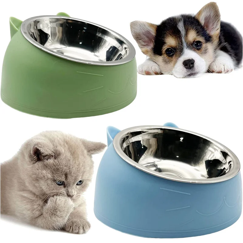 1pc Edelstahl Katze Schöne Kreative Geneigt Kätzchen Welpen Futter Futternäpfe Katzen Trinken Feeder Haustier Hunde Katzen Feeder Image