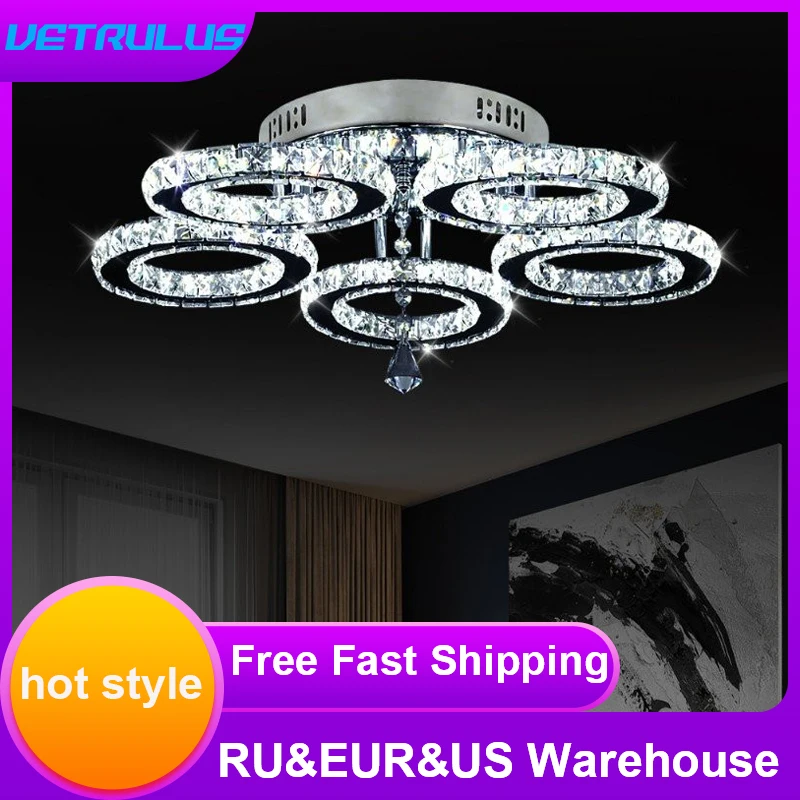 Moderne K9 Led Kristall Decke Lampe Smart Kronleuchter Anhänger Licht Ring Chrom Plafonier Leuchte Esszimmer Wohnzimmer Decor Luxus