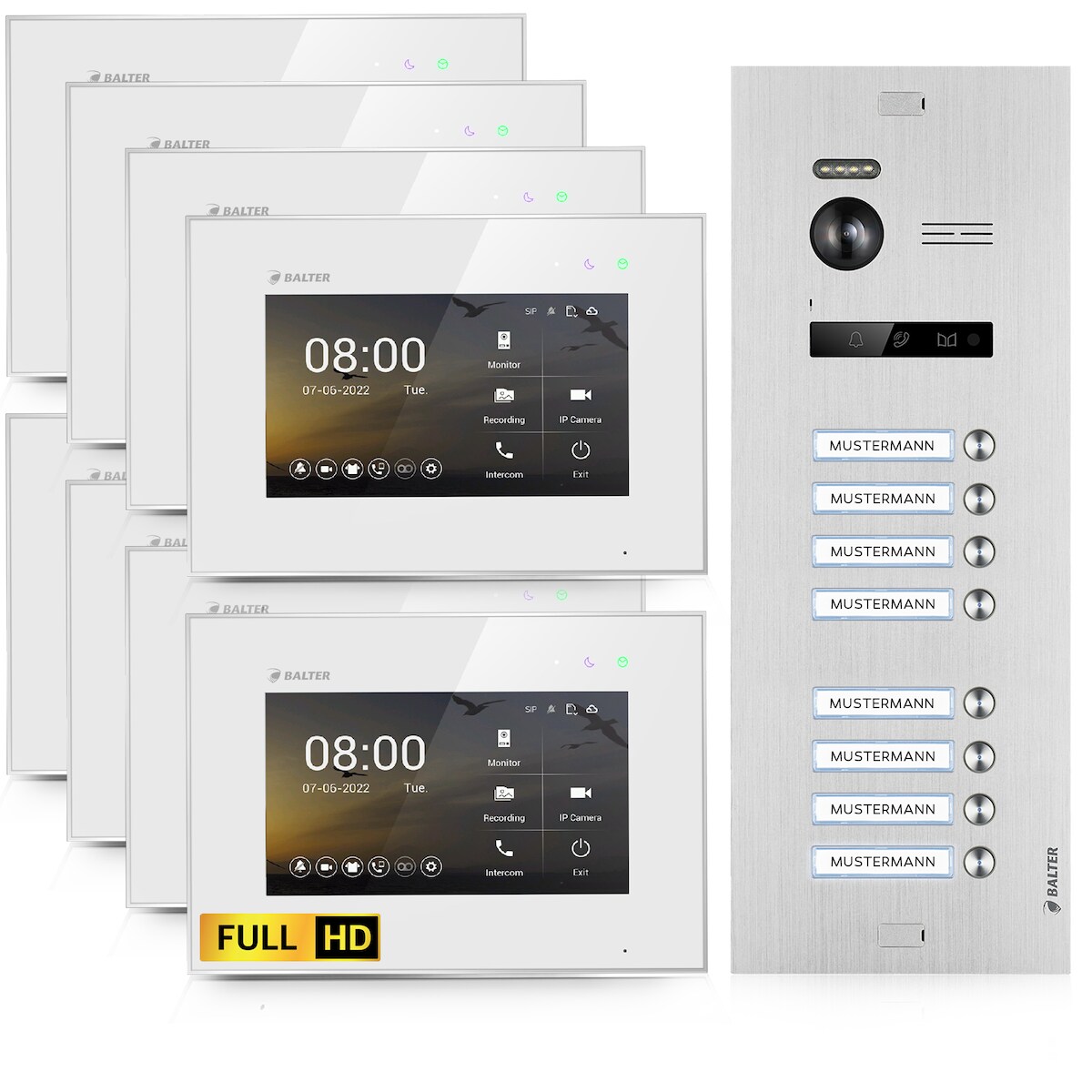 HD Video Türsprechanlage für 8 Familienhaus, 8x Monitor, Balter EVO HD Image