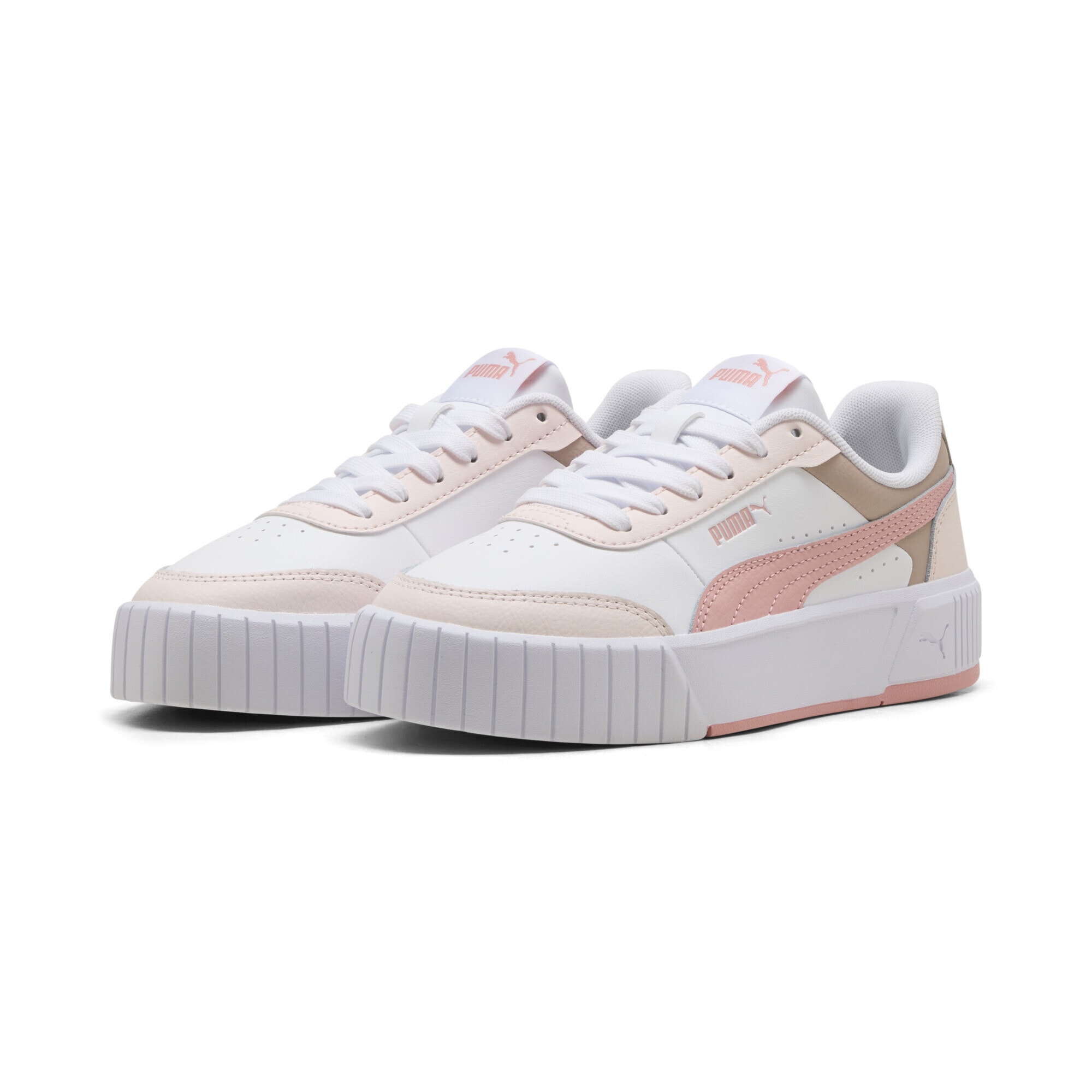 Sneaker PUMA "Carina Mia Sneakers Mädchen", Damen, Gr. 38,5, weiß rosy outlook jasmine flower pink, Obermaterial: Kuhleder, Textil, Synthetik; Futter: Textil; Innensohle: Textil; Laufsohle: Gummi, Schuhe Sneaker