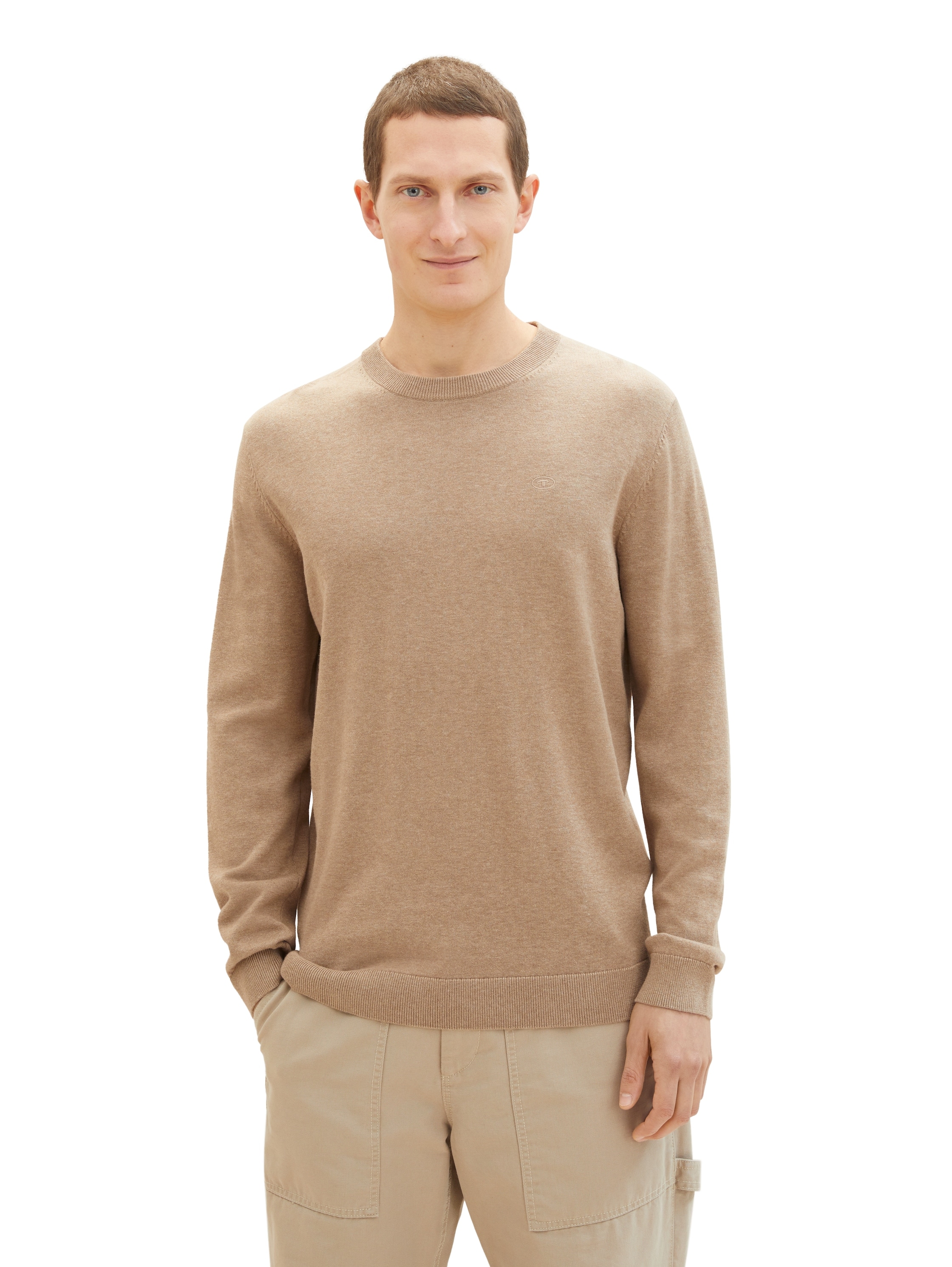 Rundhalspullover TOM TAILOR, Damen, Gr. L, beige (beige meliert), Strick, Obermaterial: 100% Baumwolle, meliert, regular fit hüftbedeckend, Rundhals, Bündchen, Pullover Rundhalspullover, mit Logostickerei