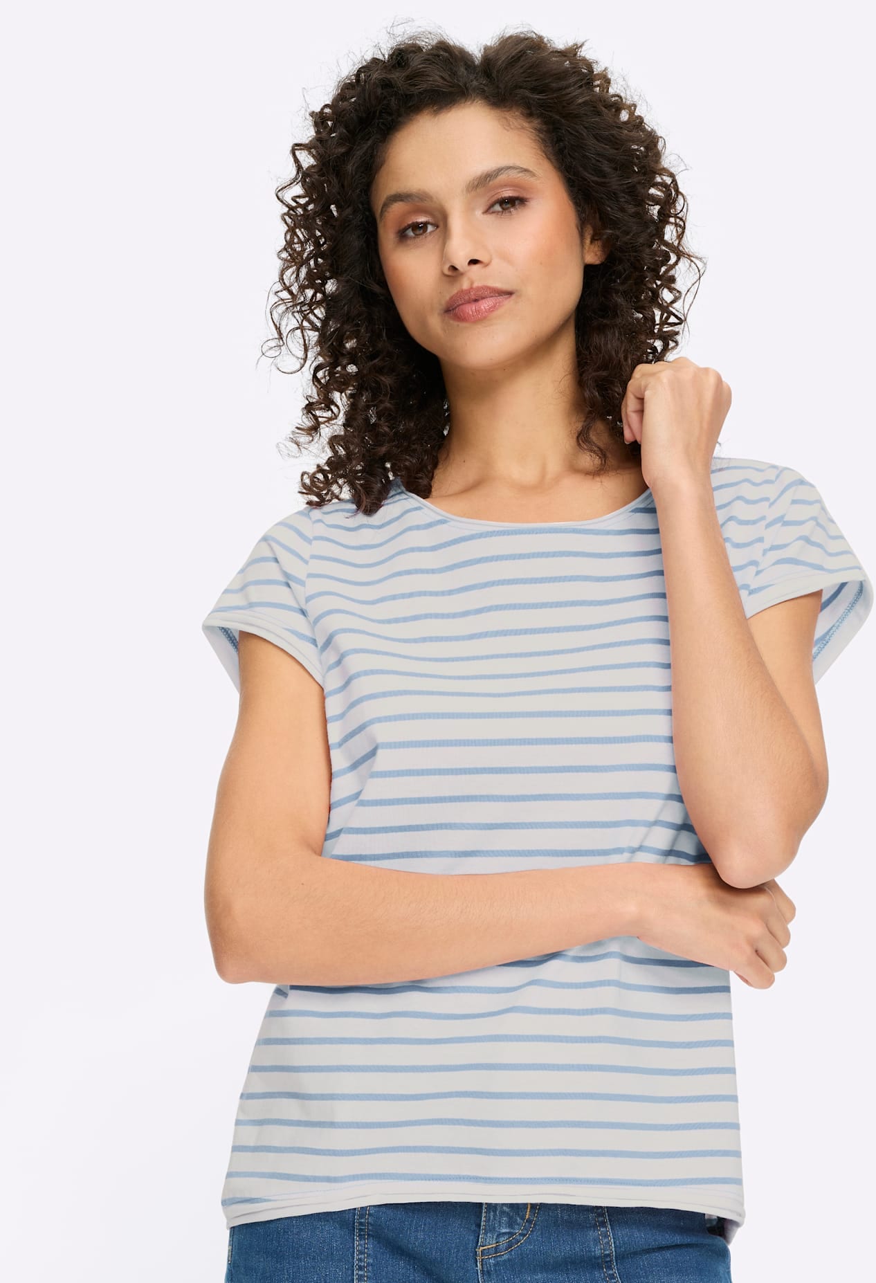 T-Shirt HEINE "Ringelshirt", Damen, Gr. 46, weiß, eisblau, geringelt, 100% Baumwolle, gemustert, gestreift, mehrfarbig, Rundhals, Shirts T-Shirt