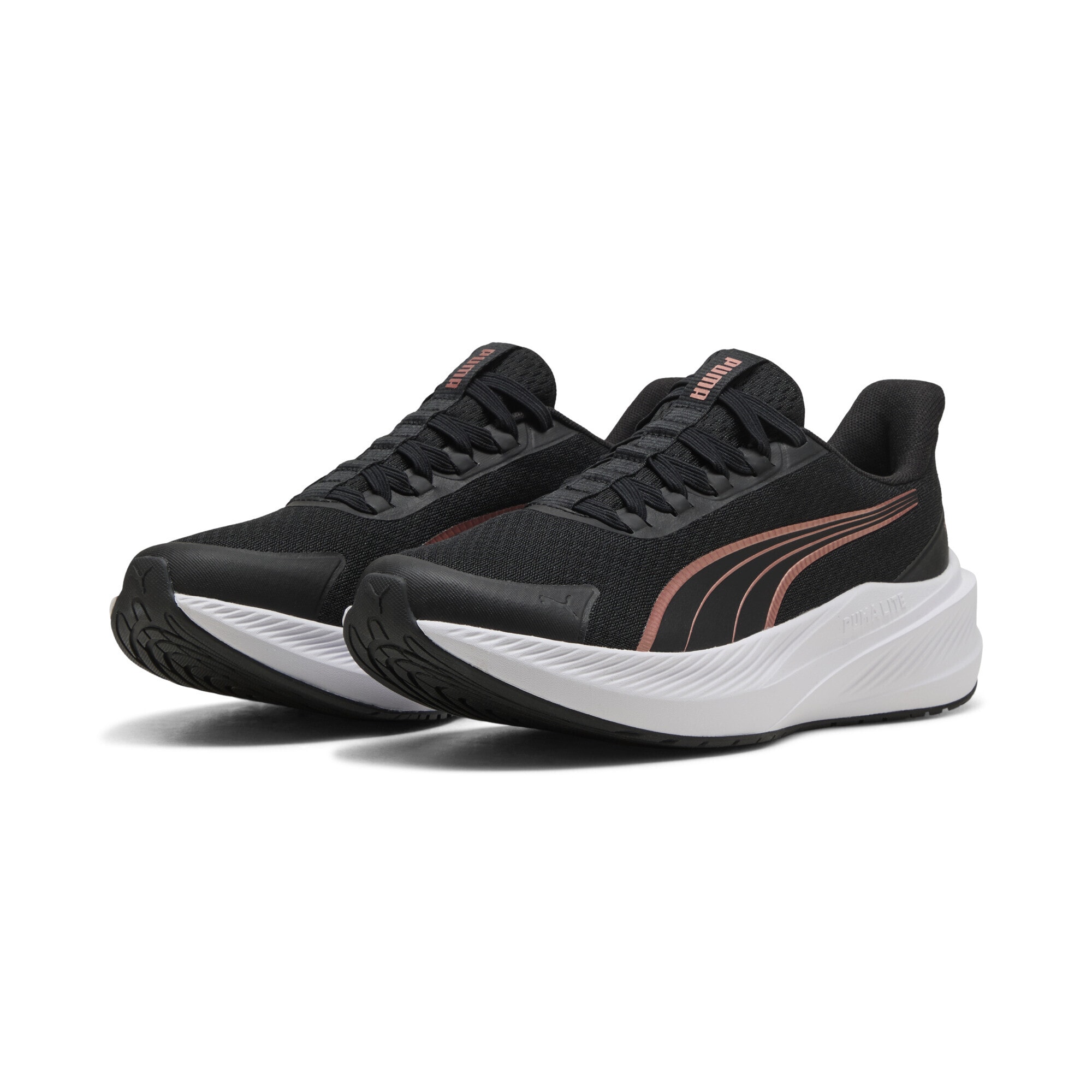 Trainingsschuh PUMA "Dasher Lite SLIPTECH™ Laufschuhe Erwachsene", Gr. 41, schwarz rose gold weiß metallic, Obermaterial: Textil, Synthetik; Futter: Textil; Innensohle: Textil; Laufsohle: Gummi, Schuhe