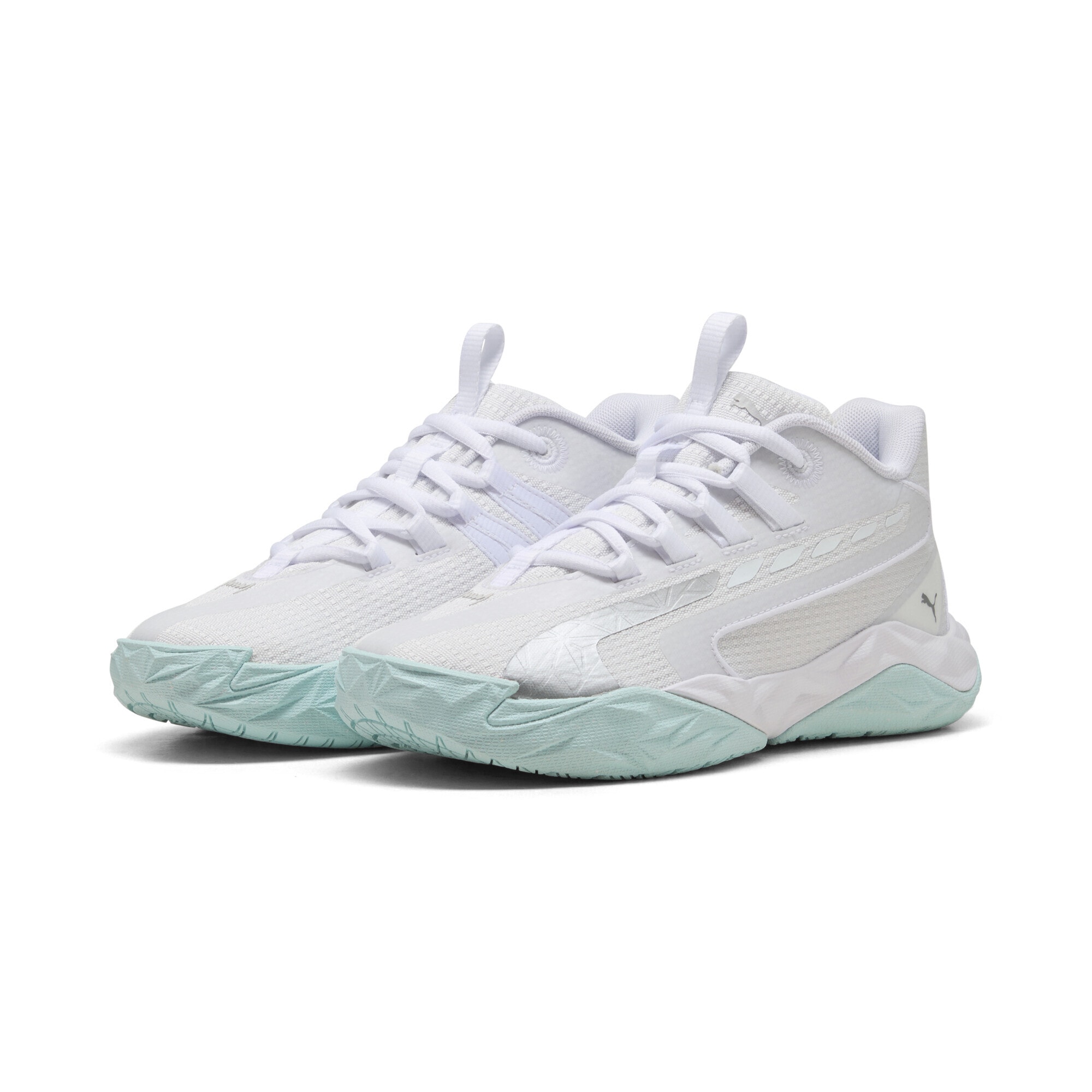Basketballschuh PUMA "Dagger 2 Mid Basketballschuhe Jugendliche", Kinder, Gr. 37, weiß silber feather gray metallic, Obermaterial: Synthetik, Textil; Futter: Textil; Innensohle: Textil; Laufsohle: Gummi, Synthetik, Schuhe