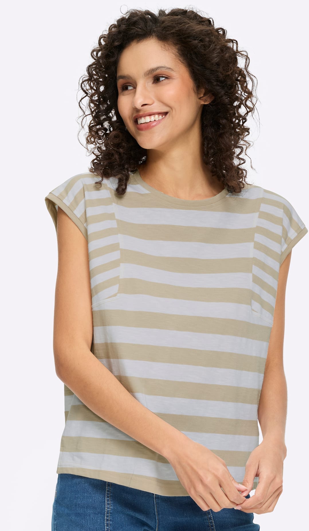 T-Shirt HEINE "Shirt", Damen, Gr. 44, sand, weiß, gestreift, 100% Baumwolle, gemustert, gestreift, mehrfarbig, Rundhals, Shirts T-Shirt