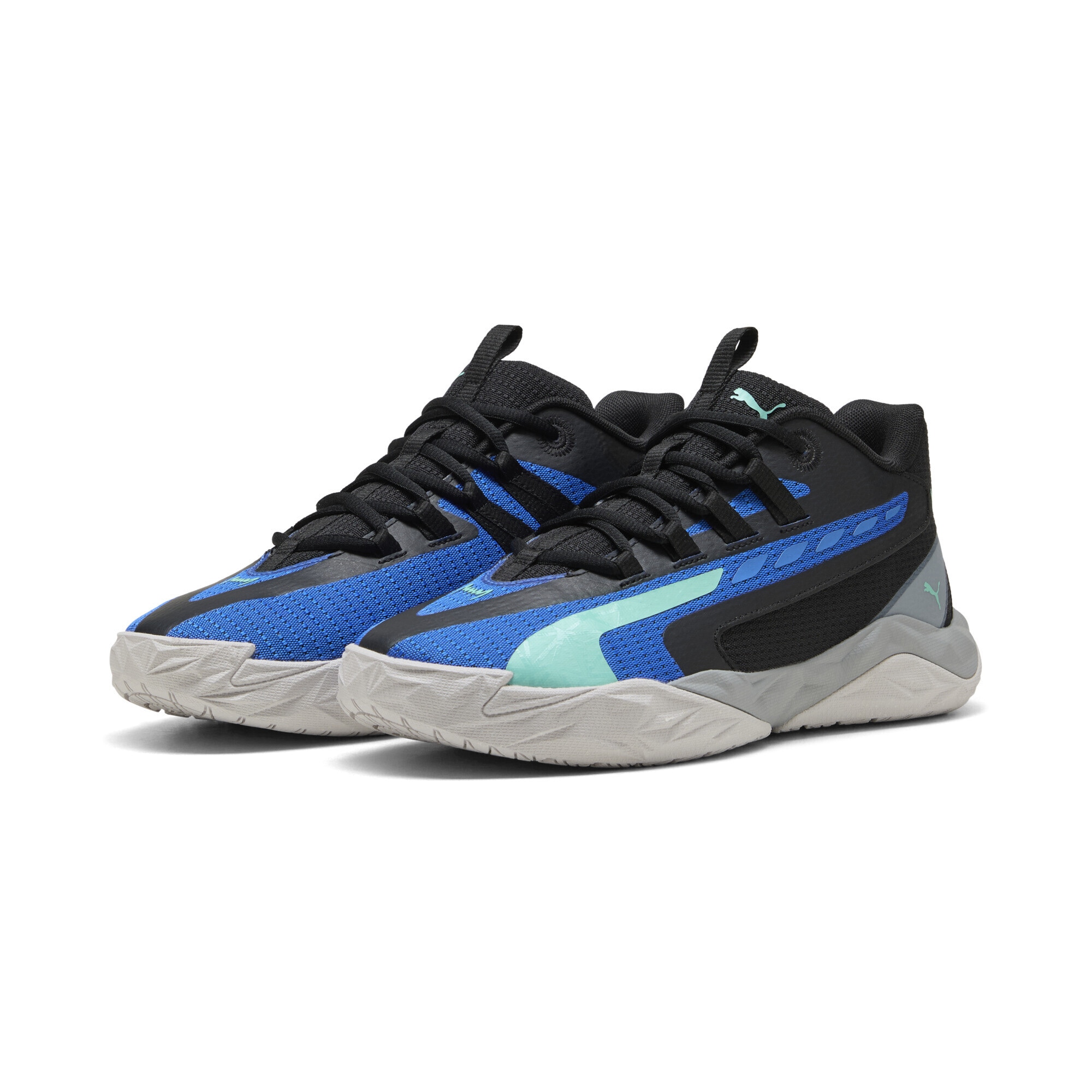 Basketballschuh PUMA "Dagger 2 Mid Basketballschuhe Erwachsene", Gr. 44,5, schwarz blaumazing aquatic blau grün, Obermaterial: Synthetik, Textil; Futter: Textil; Innensohle: Textil; Laufsohle: Gummi, Synthetik, Schuhe