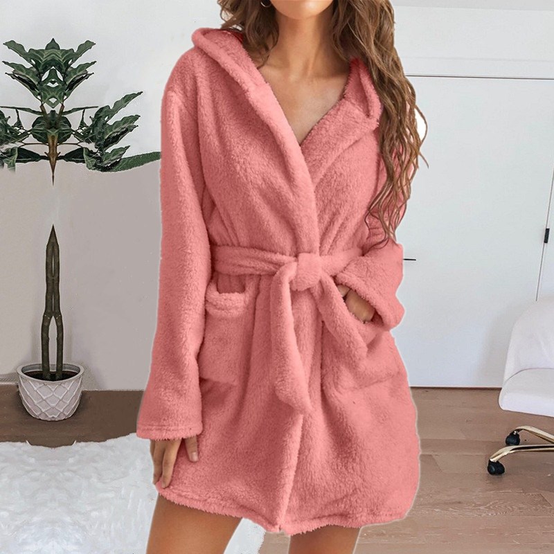 Fluffy Plush Pyjamas, Sexy Winter Women Bath Robe, Hooded Dressing Gown, Solid Color Warm Bathrobe Female Loungewear black xl