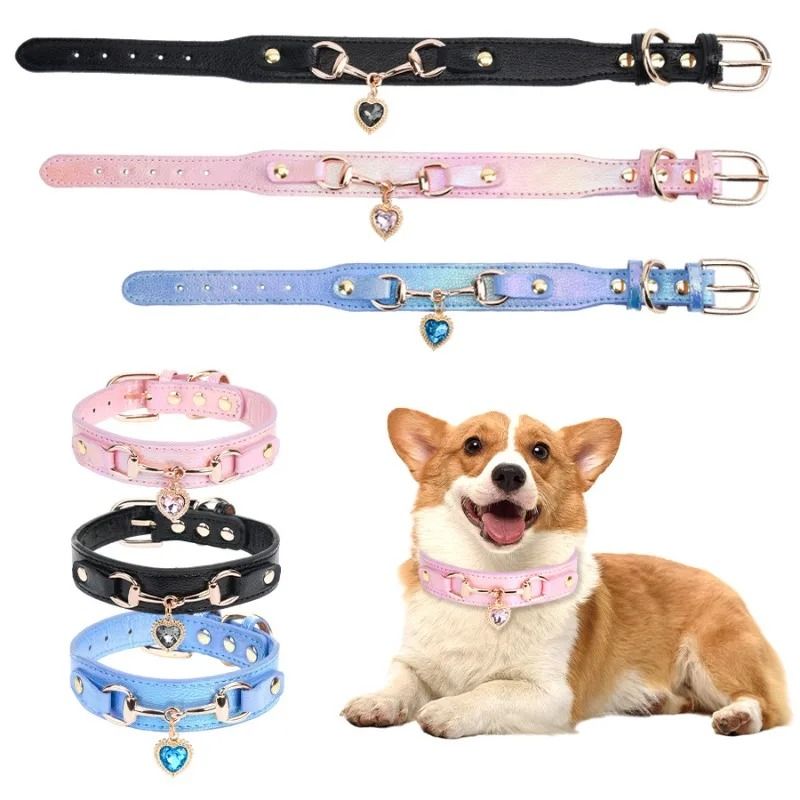 PU Pet Cat And Dog Collar With Rhinestone Heart Necklace Adjustable Design blue s