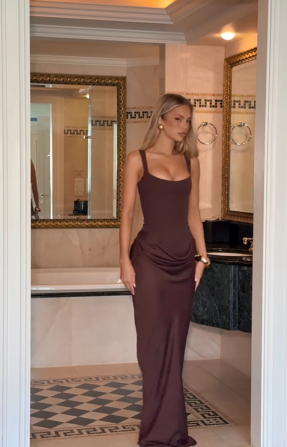 Women Sexy Luxury Party Maxi Dress, Slim Fit High Neck Sleeveless Long Robe, Shinny Chic Wedding Guest Dress l