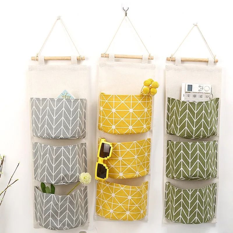 3 Pocket Hanging Wall Organizer Cotton Linen Storage Bag For Bedroom Kitchen And Living Room white