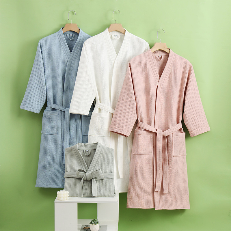 Quick Drying Bathrobe For Women And Men, Cotton Waffle Hotel Bath Robe, Thin All Season Design For Beauty Salon pink m