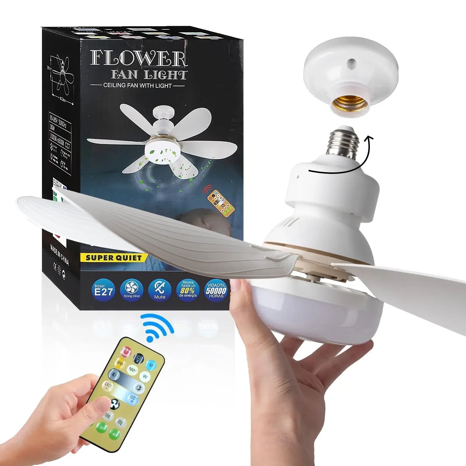 LED 40W Ceiling Fan Light E27 With Remote Control, Dimmable For Living Room And Study white l