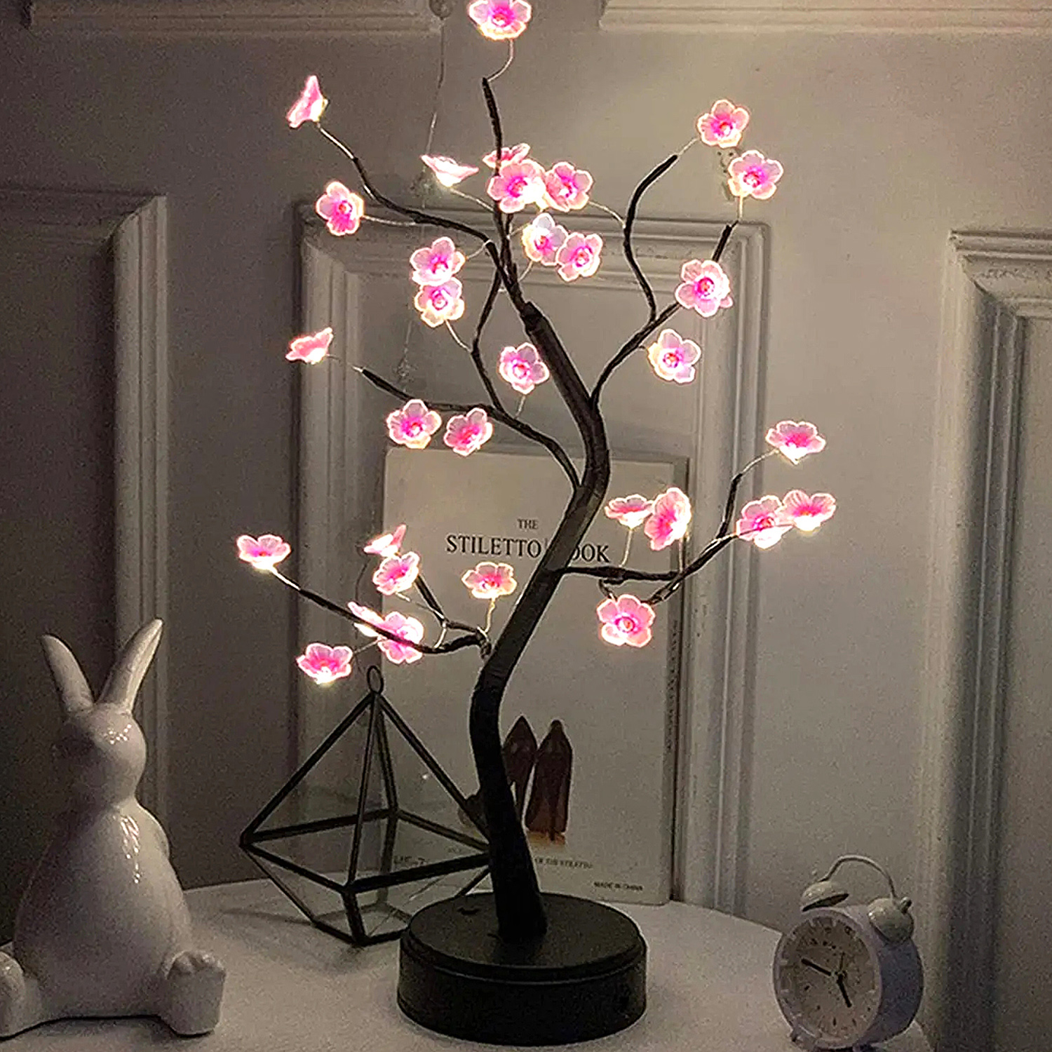 Touch Switch Artificial Bonsai Cherry Blossom Tree, LED Lamp Decoration For Desk white