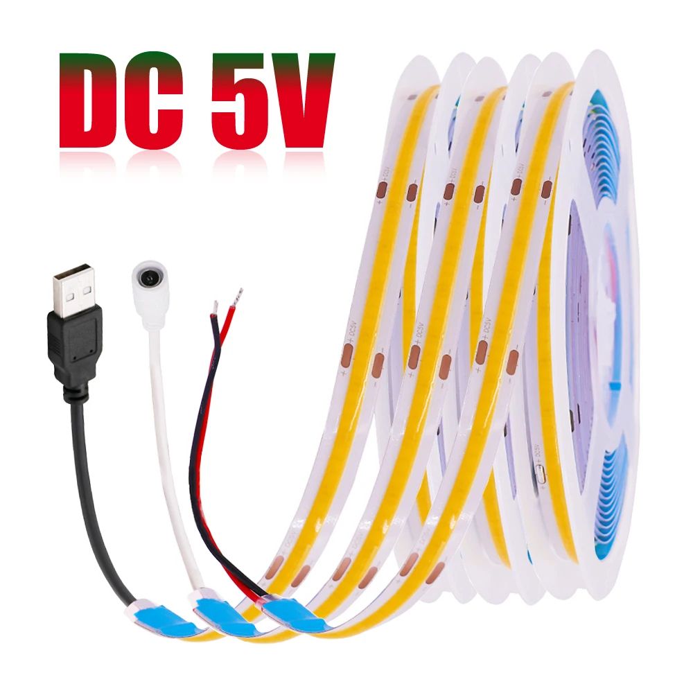 USB COB LED Strip Light 5V High Density Flexible Tape For Ambient Decor Lighting switch blue 0.5m