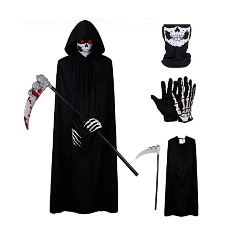 Grim Reaper Costume Set With Hooded Black Cloak & Skeleton Prop Halloween Cosplay For Kids & Adults 6