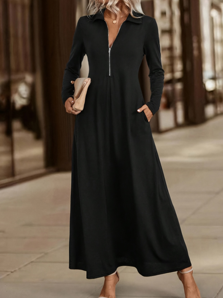 Women's Elegant Solid Maxi Dress With Pockets, Simple Long Skirt, Slim Long Sleeves Shirt Dress Spring Autumn burgundy s