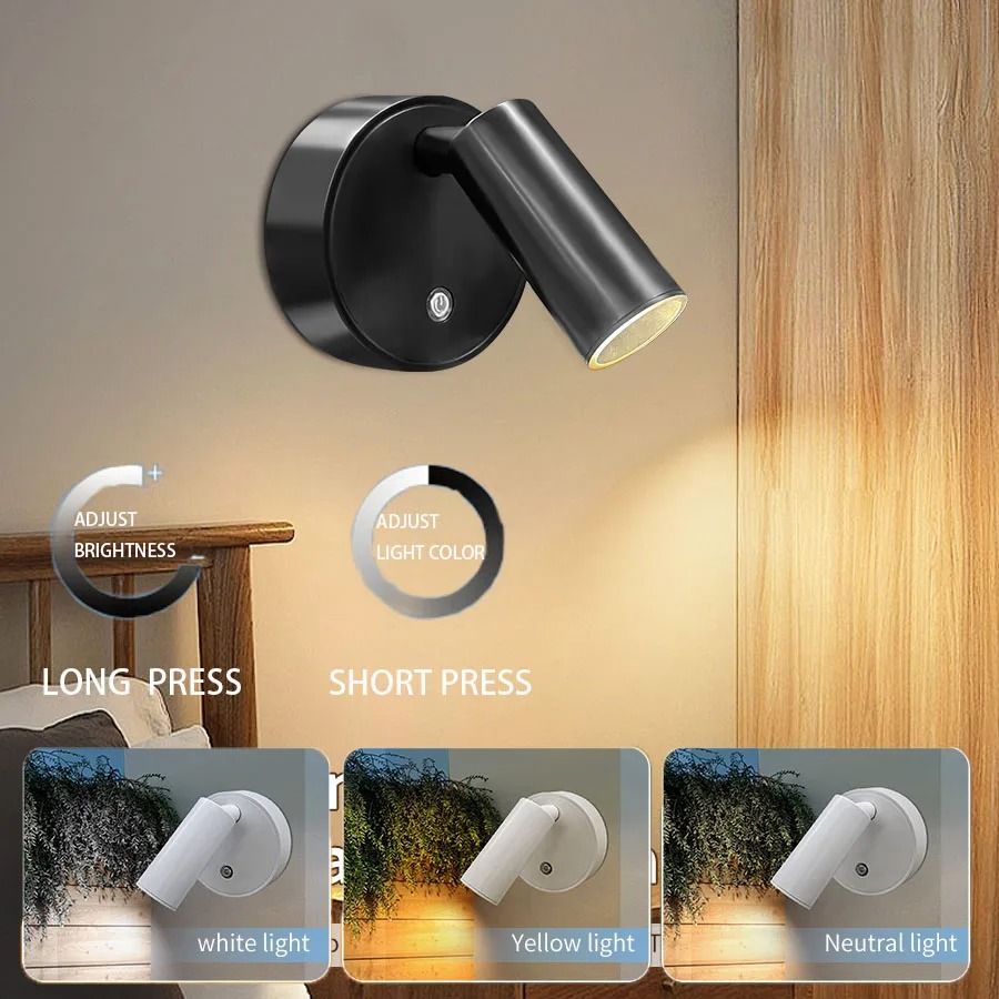USB Rechargeable LED Wall Night Light Touch Control Sconce Lamp black