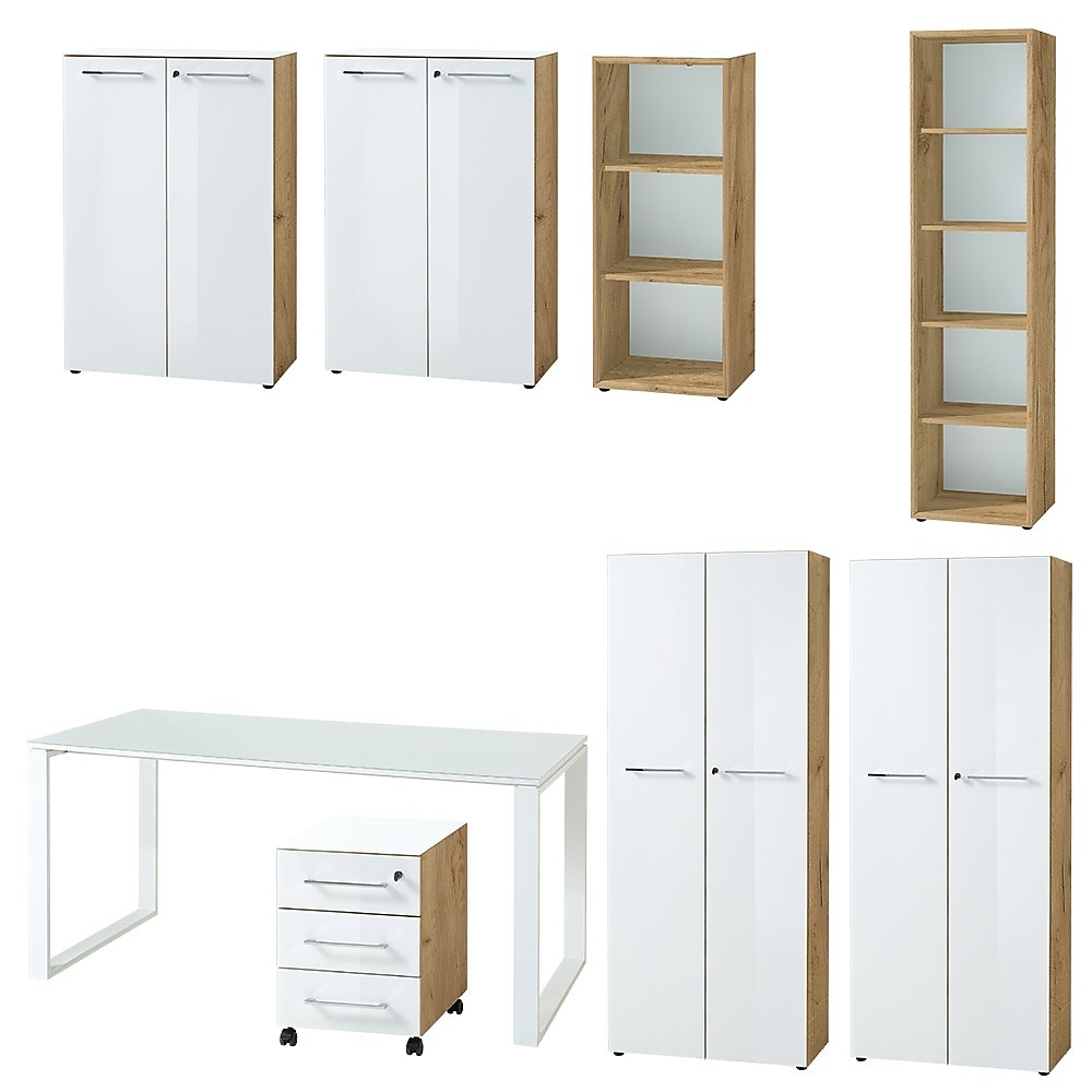 Büro-Set 8-tlg Komplettbüro MUENCHEN | Schreibtisch, 6 Schränke, Container | Glasfront Soft-Close Abschließbar | Chalet-Eiche-Nb./Weiß | Kadima Design Image