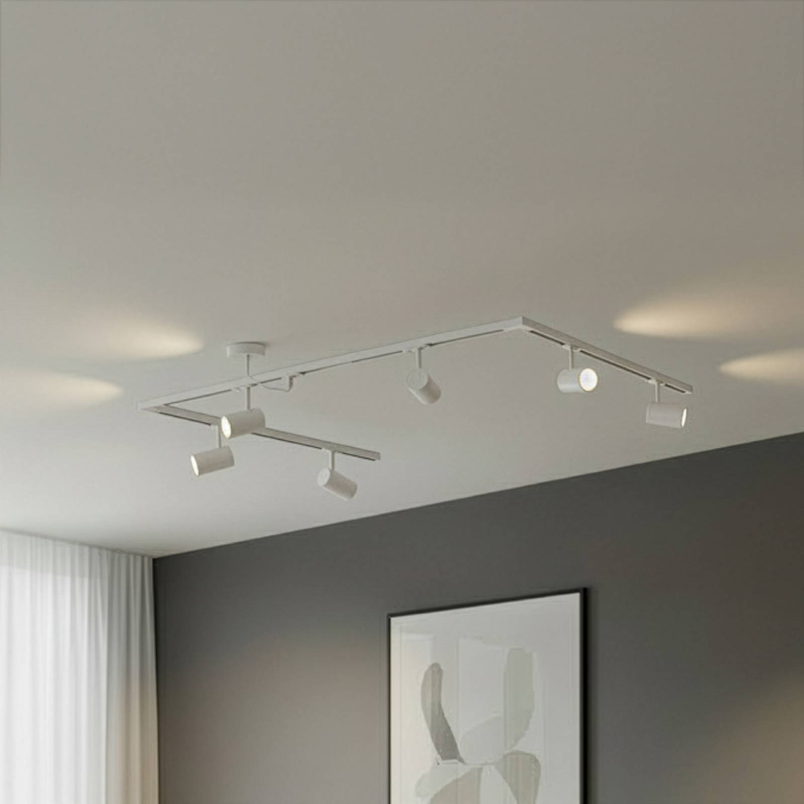 Lindby Schienensystem Linaro, GU10, 6-flg., weiß, C-Form Linaro, weiß / opal, für Wohn- / Esszimmer, Aluminium, Modern