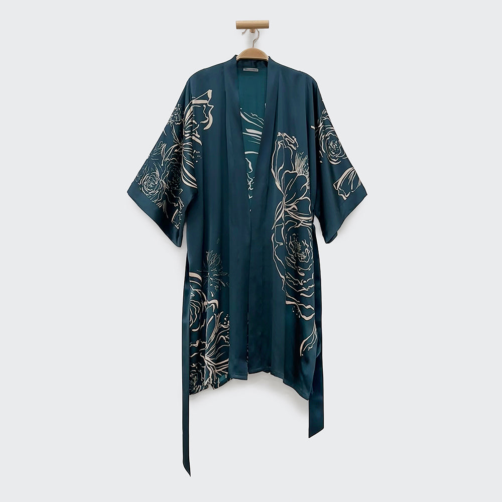 KIM+ONO Kimono Robe | Washable Silk Jia Art Short Kimono Robe | Washable Silk | Vintage Teal | Short