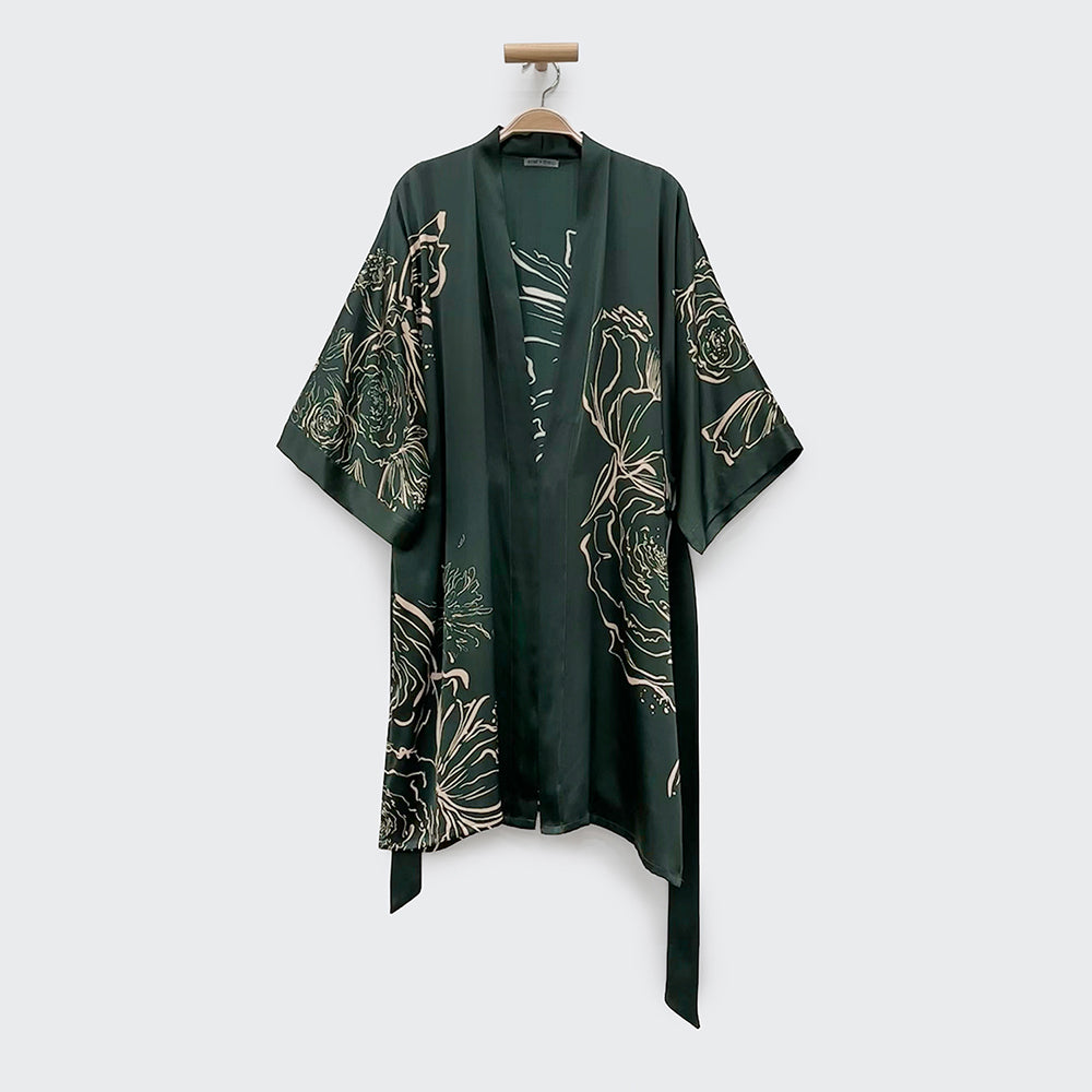 KIM+ONO Kimono Robe | Washable Silk Jia Art Short Kimono Robe | Washable Silk | Verdant | Short