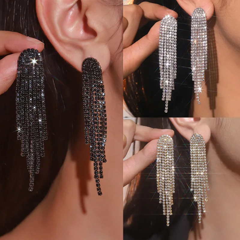 FYUAN Orecchini pendenti lunghi con nappa alla moda per donna Orecchini pendenti con strass color argento oro nero Gioielli per feste di nozze