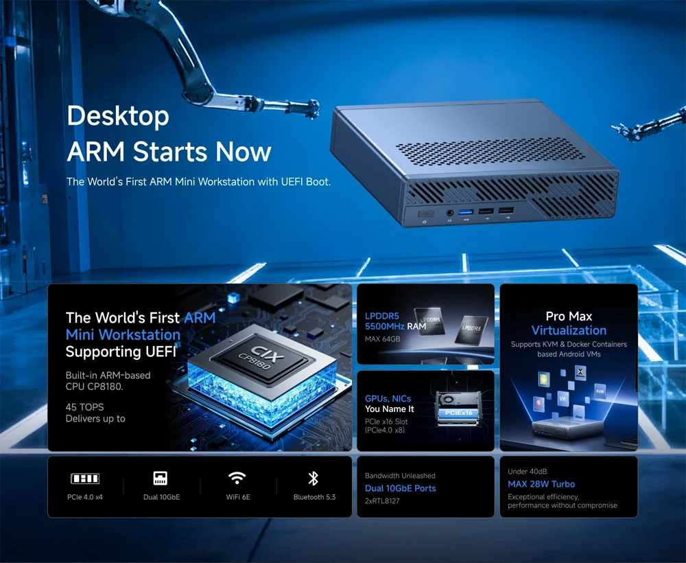 MINISFORUM MS-R1 Mini PC CIX ARM CP8180 ordinateur de bureau, 64/32GB ECC LPDDR5 2x10G LAN Mini poste de travail Mini PC virtualisation