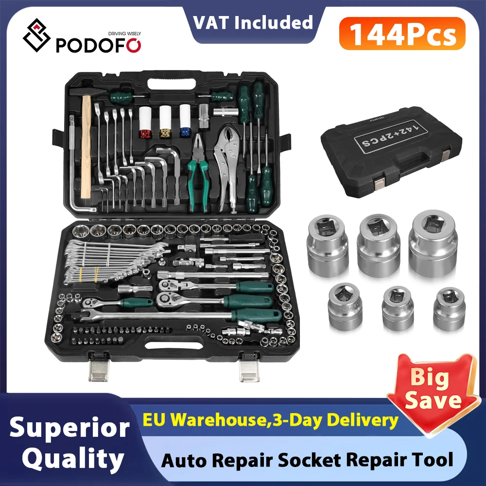 Podofo 144 pezzi Set di strumenti di riparazione per prese di riparazione automatica Set di cassette degli attrezzi per il trasporto Set di chiavi a bussola per riparazione meccanica Set di chiavi a