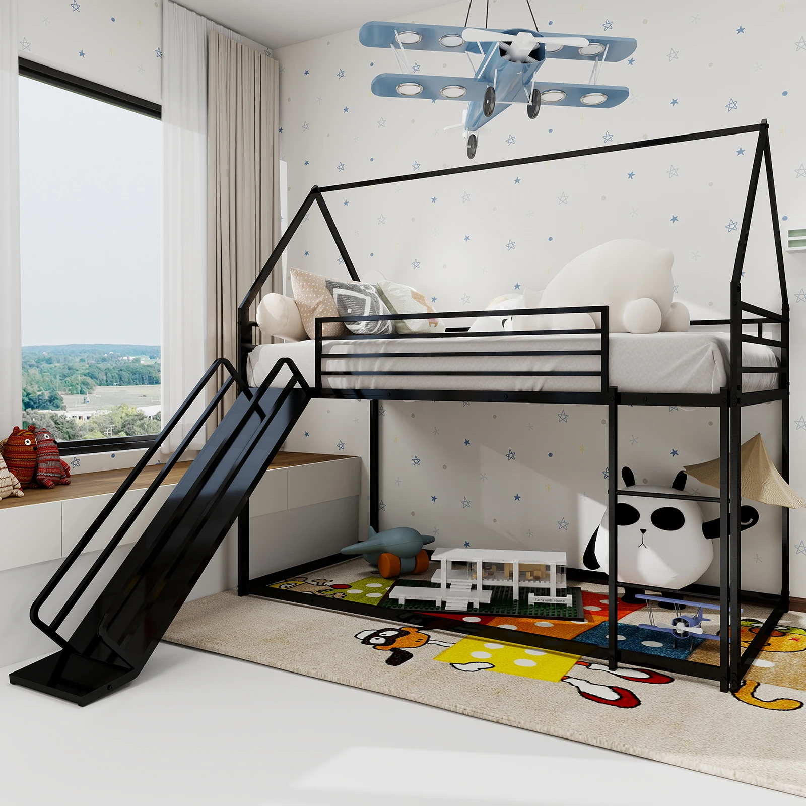 Twin über Twin Etagenbett mit Rutsche für Kinder Schlafzimmer, Haus geformt Bettgestell w / Leiter, Image