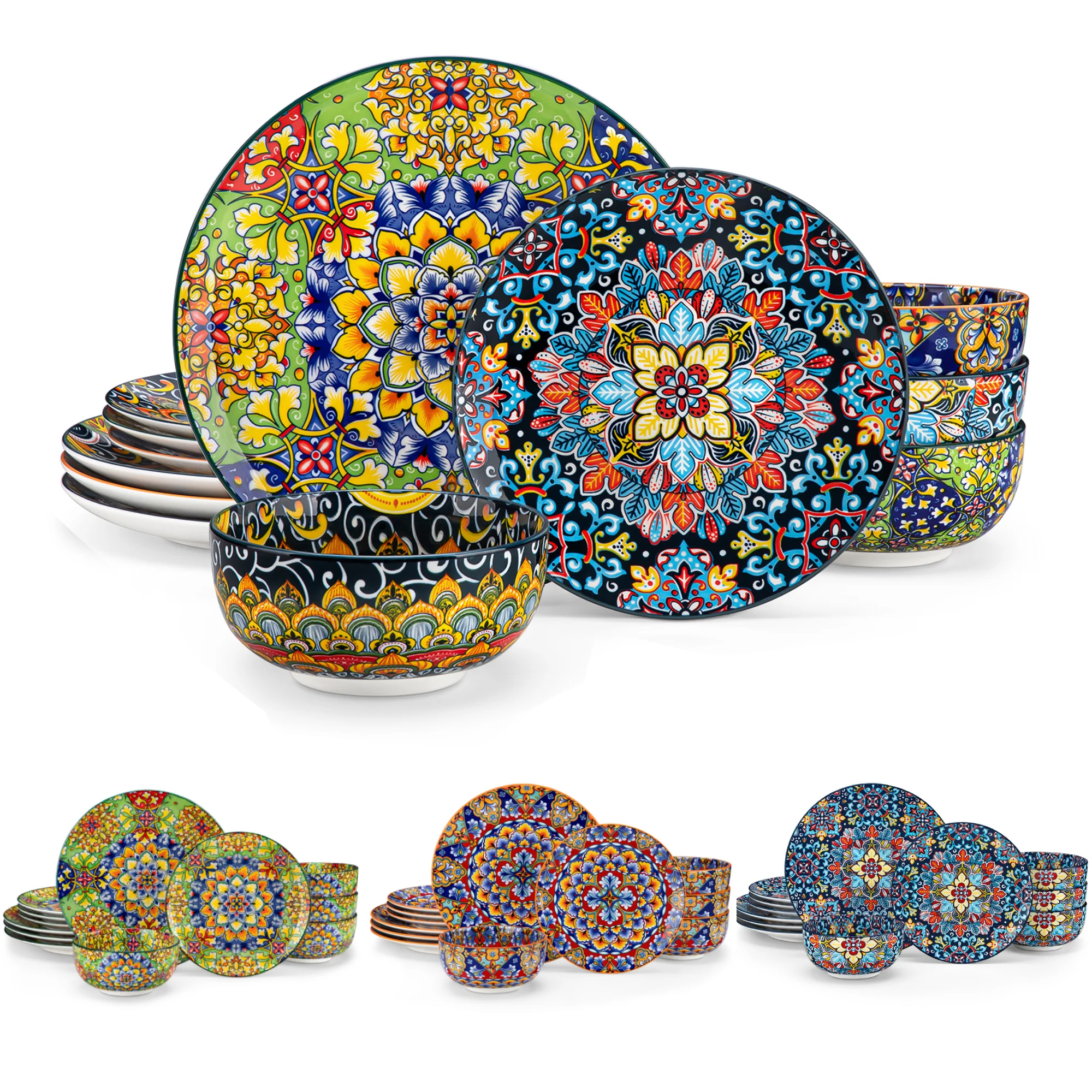 Vancasso Set di piatti in ceramica da 12/24 pezzi Set di stoviglie in porcellana stile bohémien con 4 piatti piani/piatti da dessert/cucina