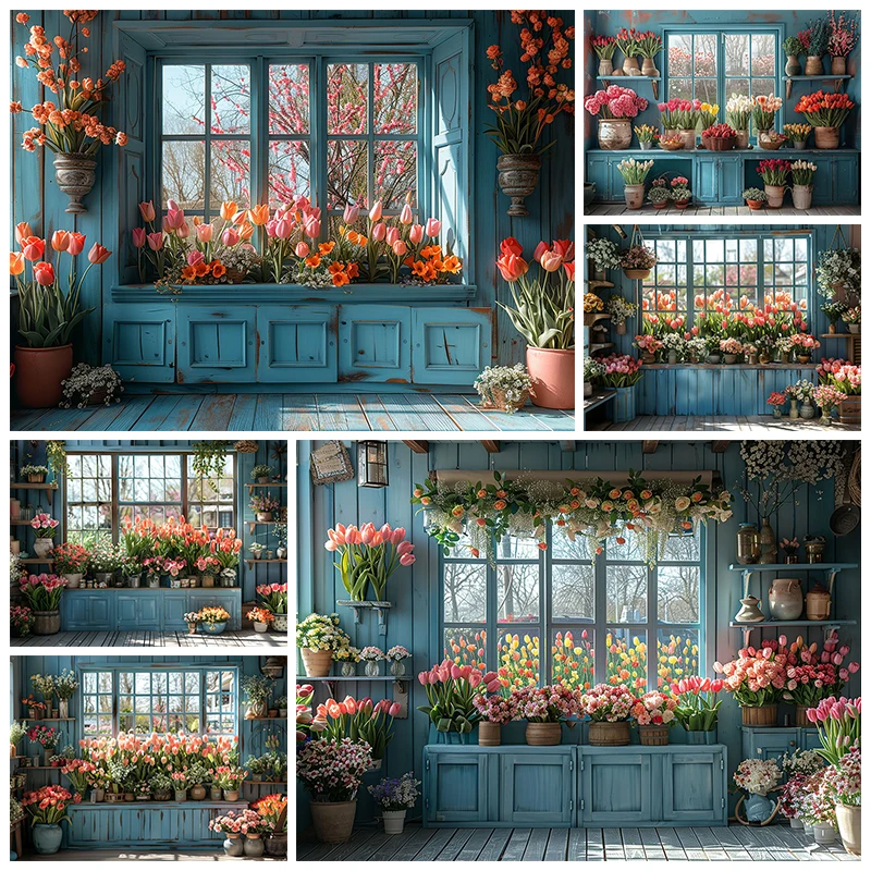 Frühlings blumen Hintergrund für Fotografie blau Holzhaus Fenster Geburtstags feier Kinder Hochzeit Hintergrund Dekoration Photo zon Image