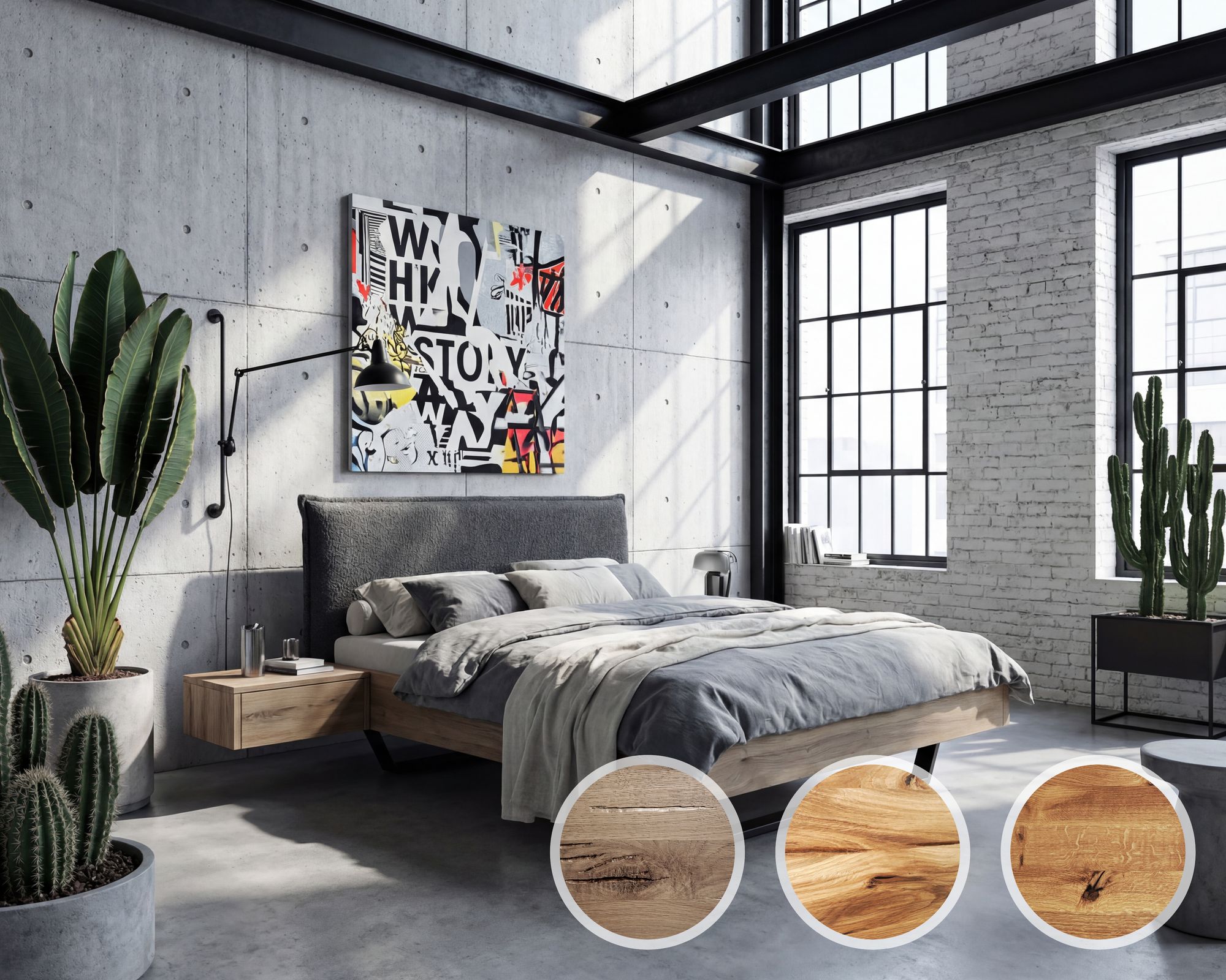 BlackWood »Nova Vita Contour IV« Wildeiche Massivholzbett 140x220 cm / Wildeiche natur / Boucle Off-White Image