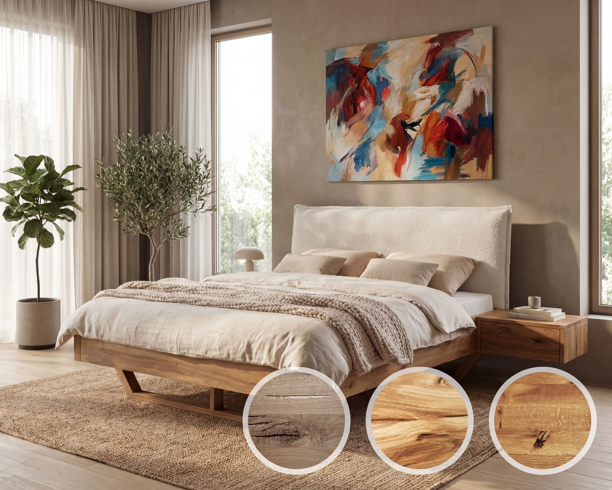 BlackWood »Nova Vita Contour I« Wildeiche Massivholzbett 160x200 cm / Wildeiche rustic / Boucle Anthrazit Image