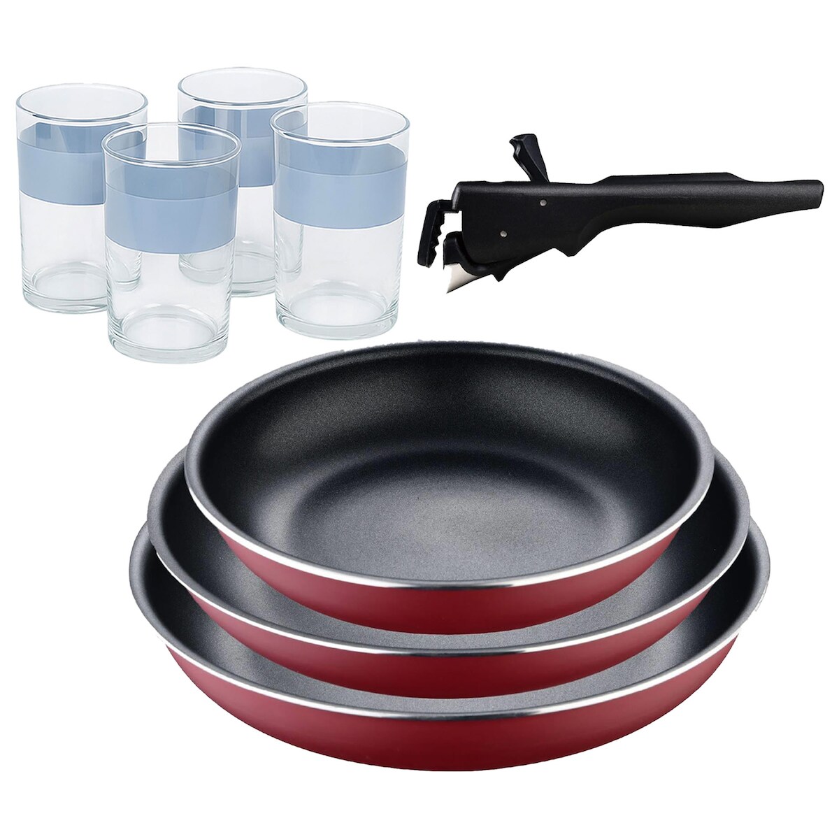 BERGNER - Set mit 3 Bratpfannen Ø18/20/24cm aus gepresstem Aluminium, rot, mit abnehmbarem Griff mit 4er-Set Gläser 0,5 L NOIA Image