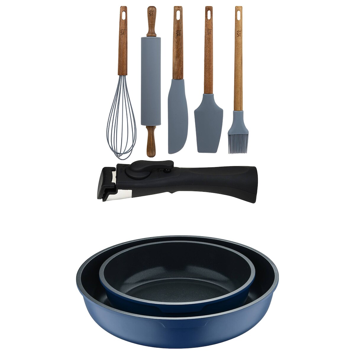BERGNER - Set mit 2 Bratpfannen Ø22/26cm aus Aluminiumguss, blau, mit abnehmbarem Griff mit Set 5 Küchenutensilien aus Silikon und Holz Image