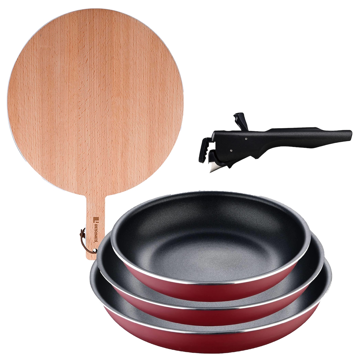 BERGNER - Set mit 3 Bratpfannen Ø18/20/24cm aus gepresstem Aluminium, rot, mit abnehmbarem Griff mit Rundes Schneidebrett 38x28x1,5cmaus Buchenholz Image