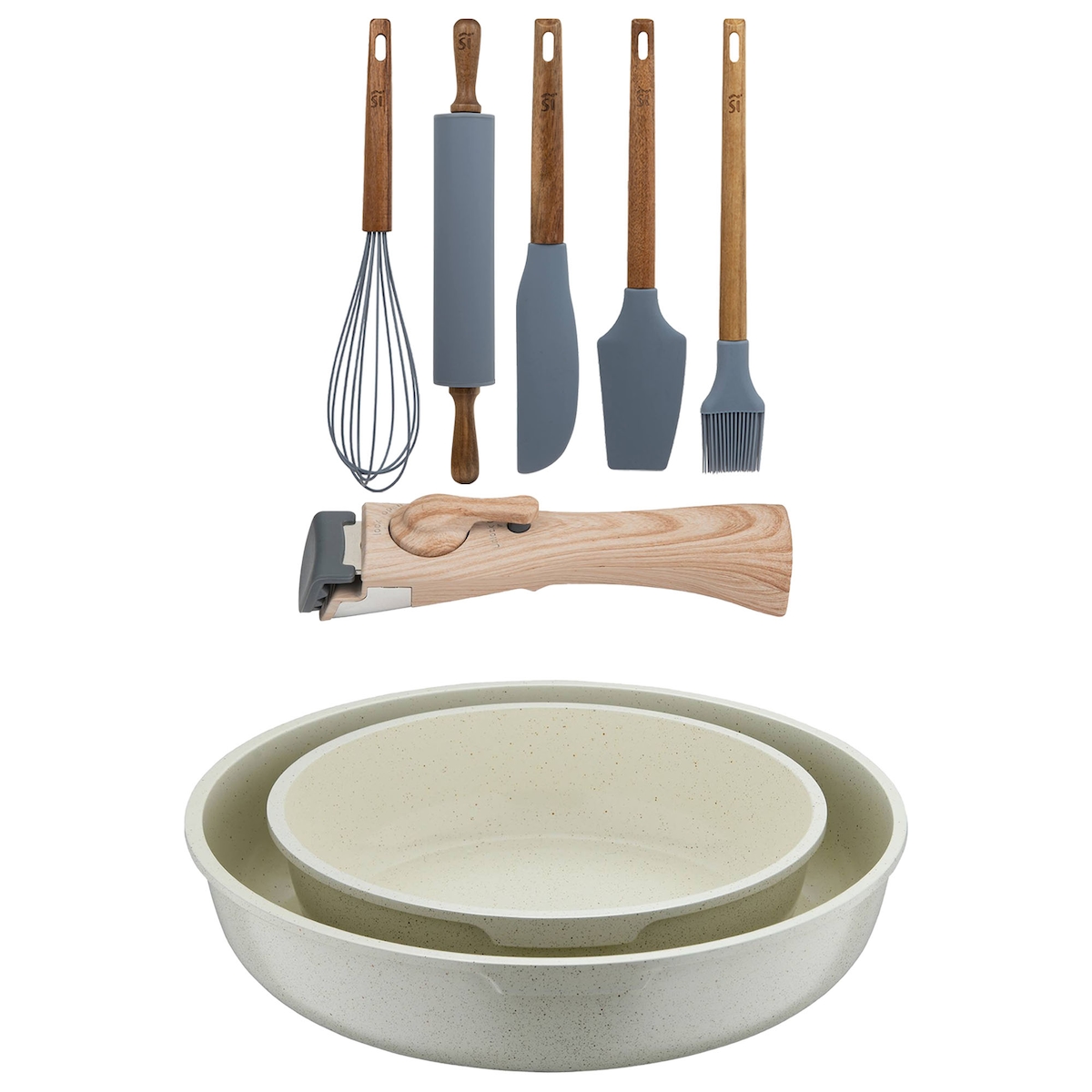 BERGNER - Set mit 2 Bratpfannen Ø22/26cm aus Aluminiumguss, weiß, mit abnehmbarem Griff mit Set 5 Küchenutensilien aus Silikon und Holz Image