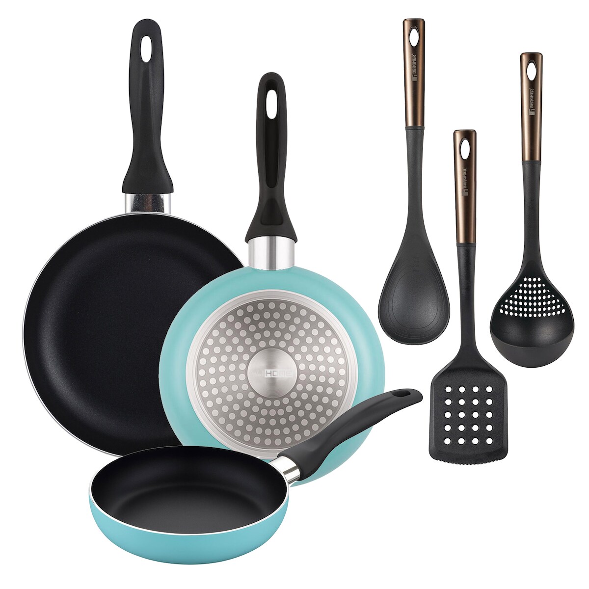 BERGNER - Set aus 3 Pfannen Ø16/20/24cm aus gepresstem Aluminium in matt-blau mit Set 3 Küchenutensilien aus schwarzem PBT und Kupfer Image