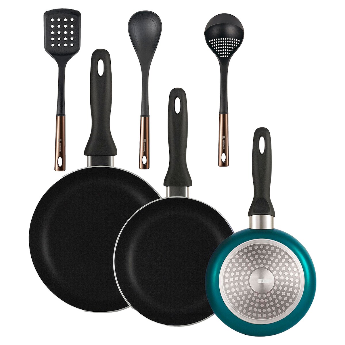 BERGNER - Set aus 3 Pfannen Ø16/20/24cm aus gepresstem Aluminium in metallic-blau mit Set 3 Küchenutensilien aus schwarzem PBT und Kupfer Image