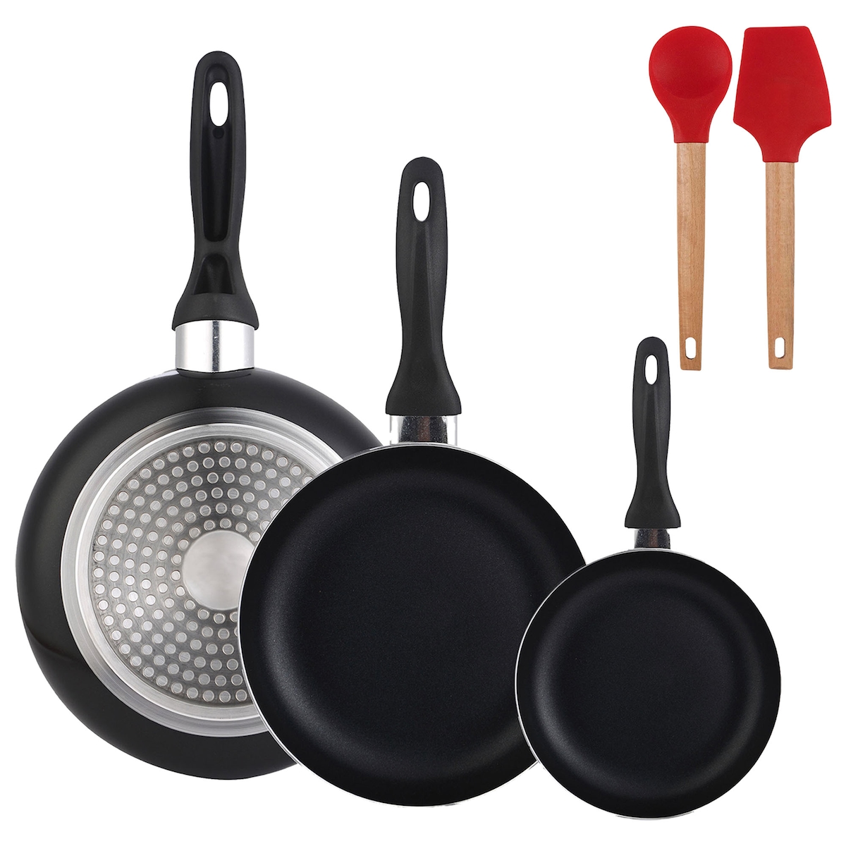 BERGNER - Set aus 3 Pfannen Ø16/20/24cm aus gepresstem Aluminium in schwarz mit 2-teiliges Küchenutensilien-Set EXCALIBUR Image