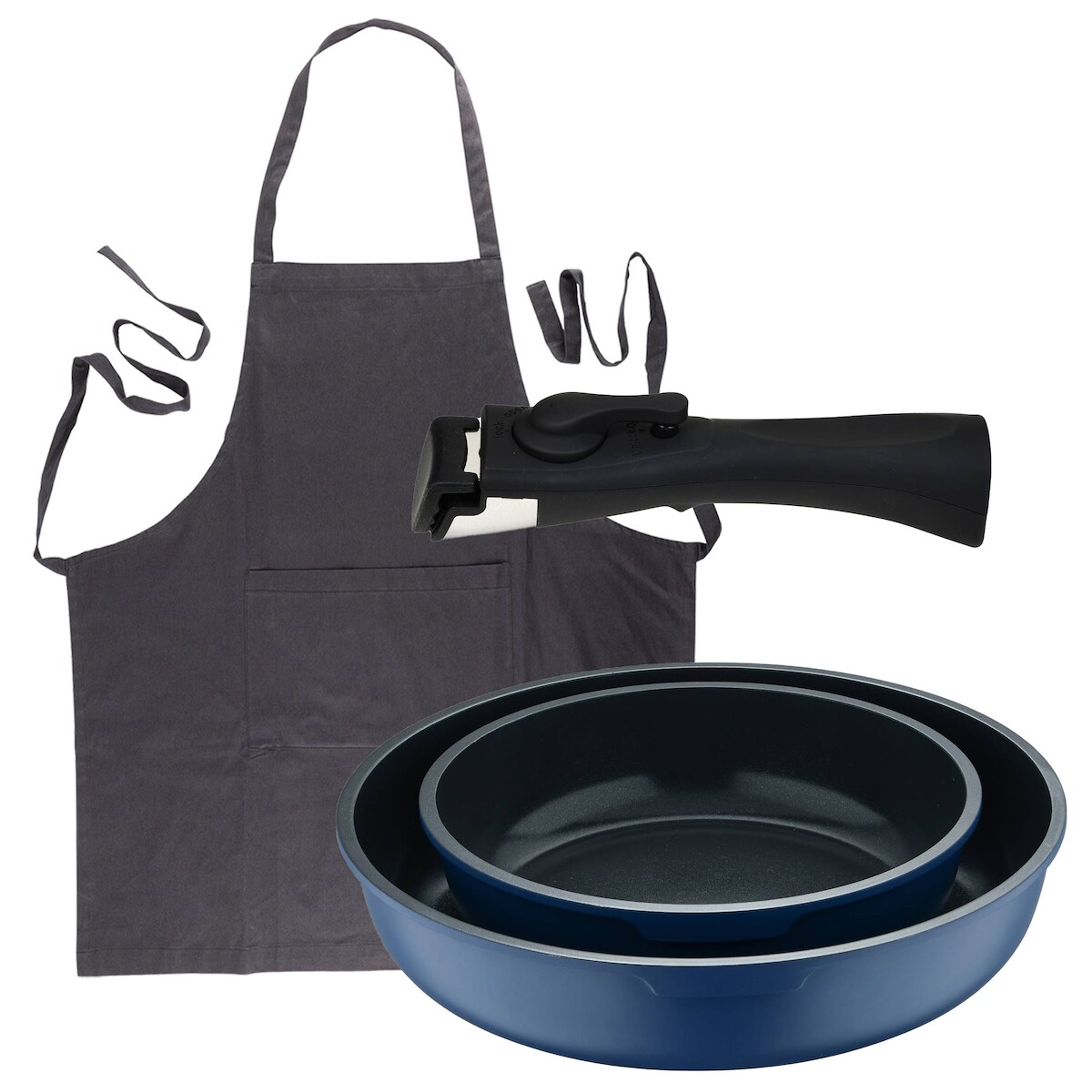 BERGNER - Set mit 2 Bratpfannen Ø22/26cm aus Aluminiumguss, blau, mit abnehmbarem Griff mit Küchenschürze Dunkelgrau 100 % Baumwolle 75x80 cm Image