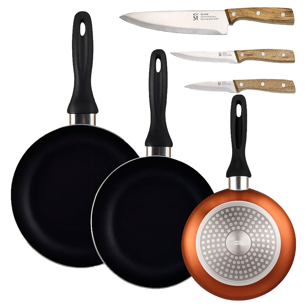 BERGNER - Set aus 3 Pfannen Ø16/20/24cm aus gepresstem Aluminium in metallic-bronze mit Set 3 Edelstahlmesser Image