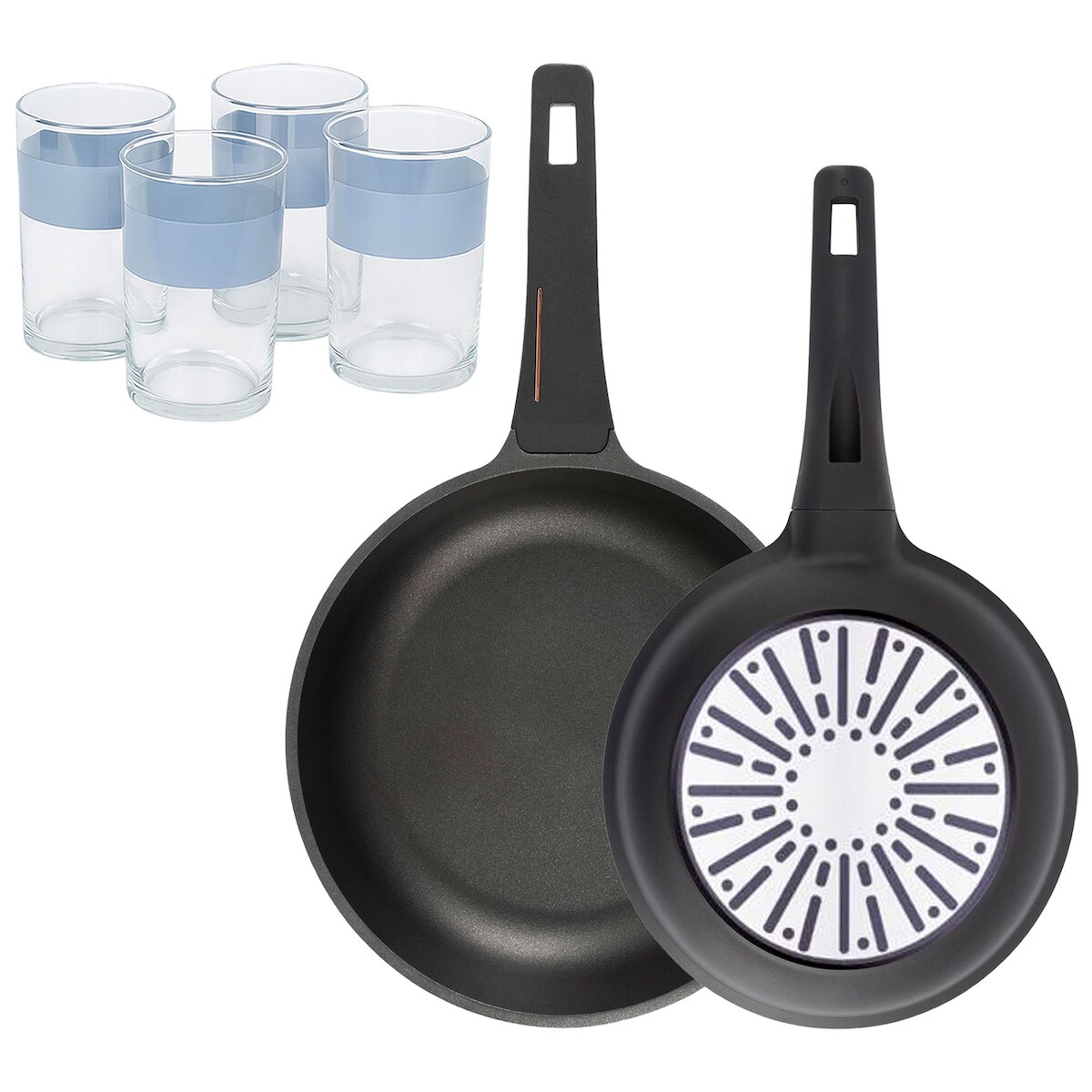 BERGNER - Set mit 2 Bratpfannen Ø24/28cm aus Aluminiumguss mit Bakelitgriff mit 4er-Set Gläser 0,5 L NOIA Image