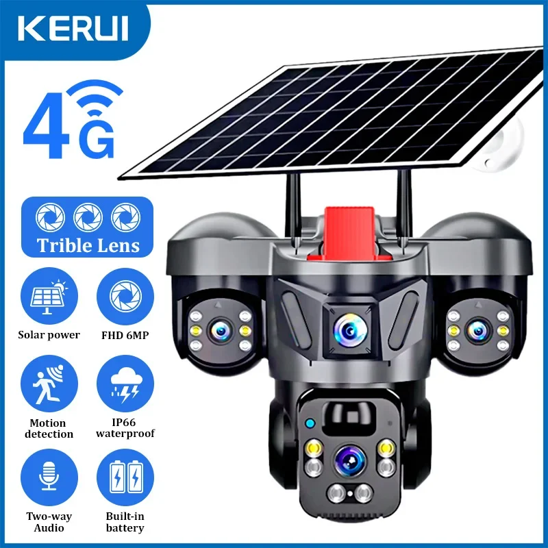 KERUI Outdoor PTZ 6MP 4G SIM WIFI Solar Panel Triple Objektiv Kamera Home Security CCTV Video Überwachung Eingebaute batterie V380pro Image