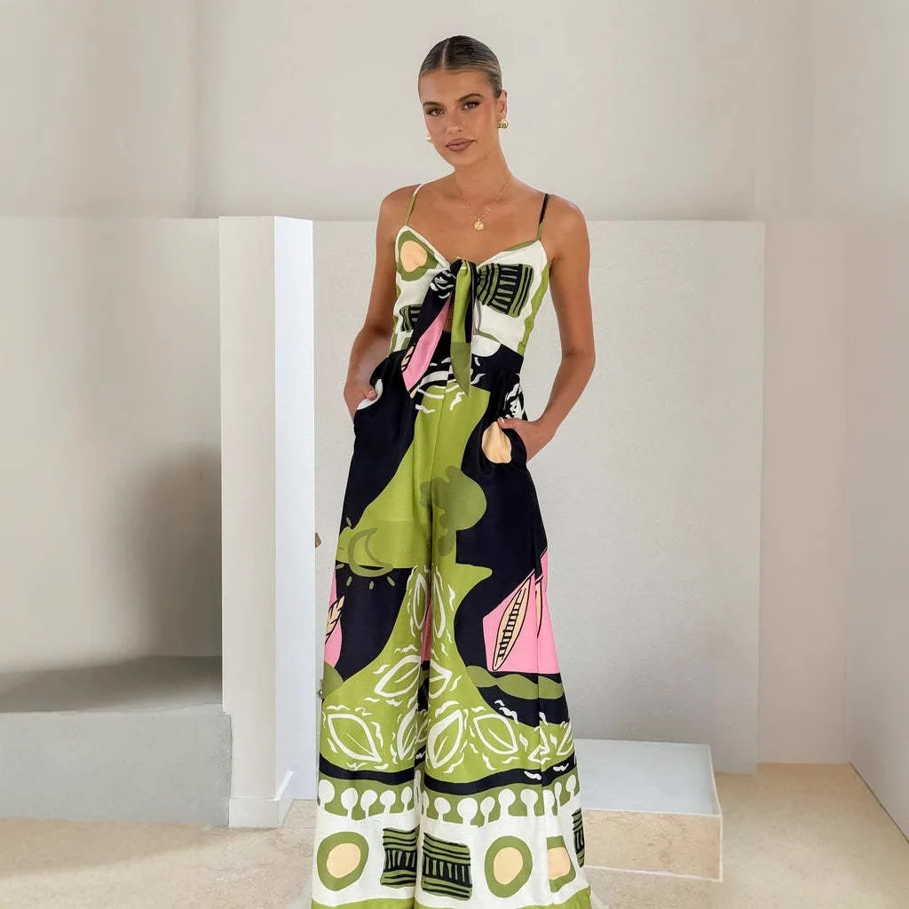 VEITCHE Sommer Frauen Drucken Spaghetti Strap Overalls Sexy Aushöhlen Leace-up Hohe Taille Breite Beine Böhmischen Urlaub Overall Image