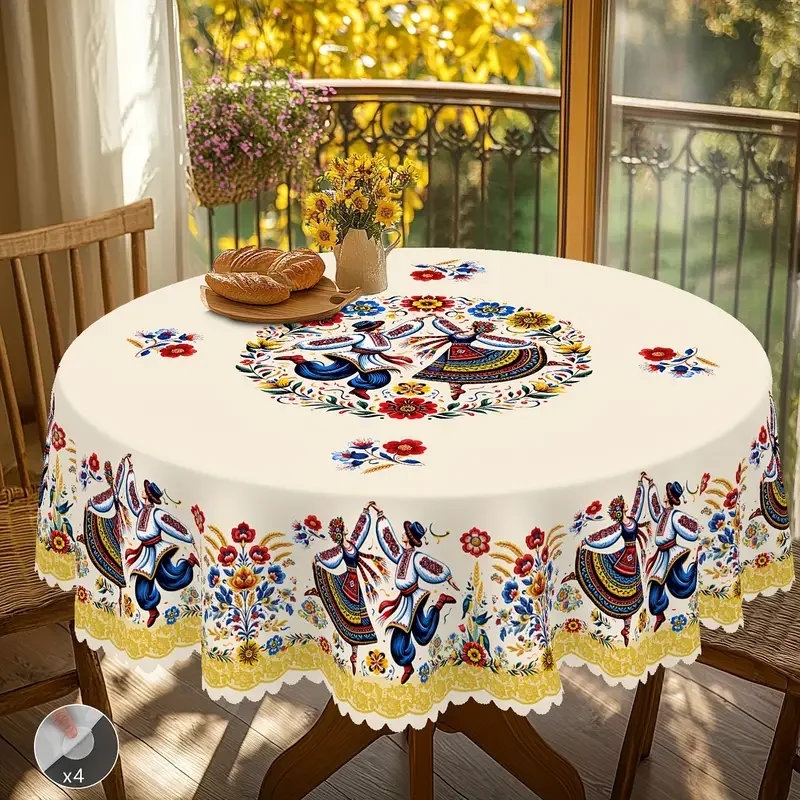 1 Stück Polnische Tischdecke mit Ethnischem Tanzmotiv, Rund und Rechteckig, in Verschiedenen Größen Erhältlich, mit Aufdruck von Fröhlichen Tänzern und Lebendigen Blumenmustern, Verziert mit Image
