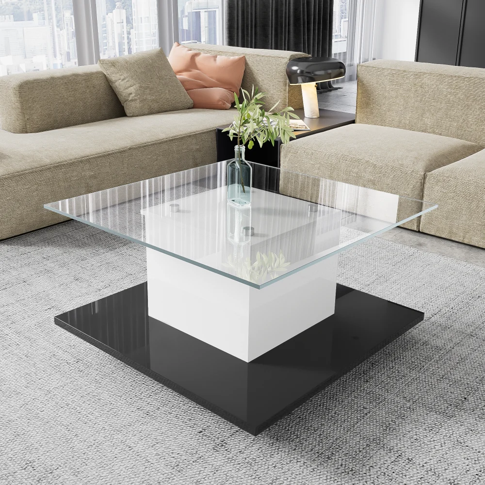 Moderner Wohnzimmer-Couchtisch, Hochglanz-Couchtisch aus Glas, mobiler Sofatisch mit drehbaren Rädern, geeignet für das Wohnzimmer