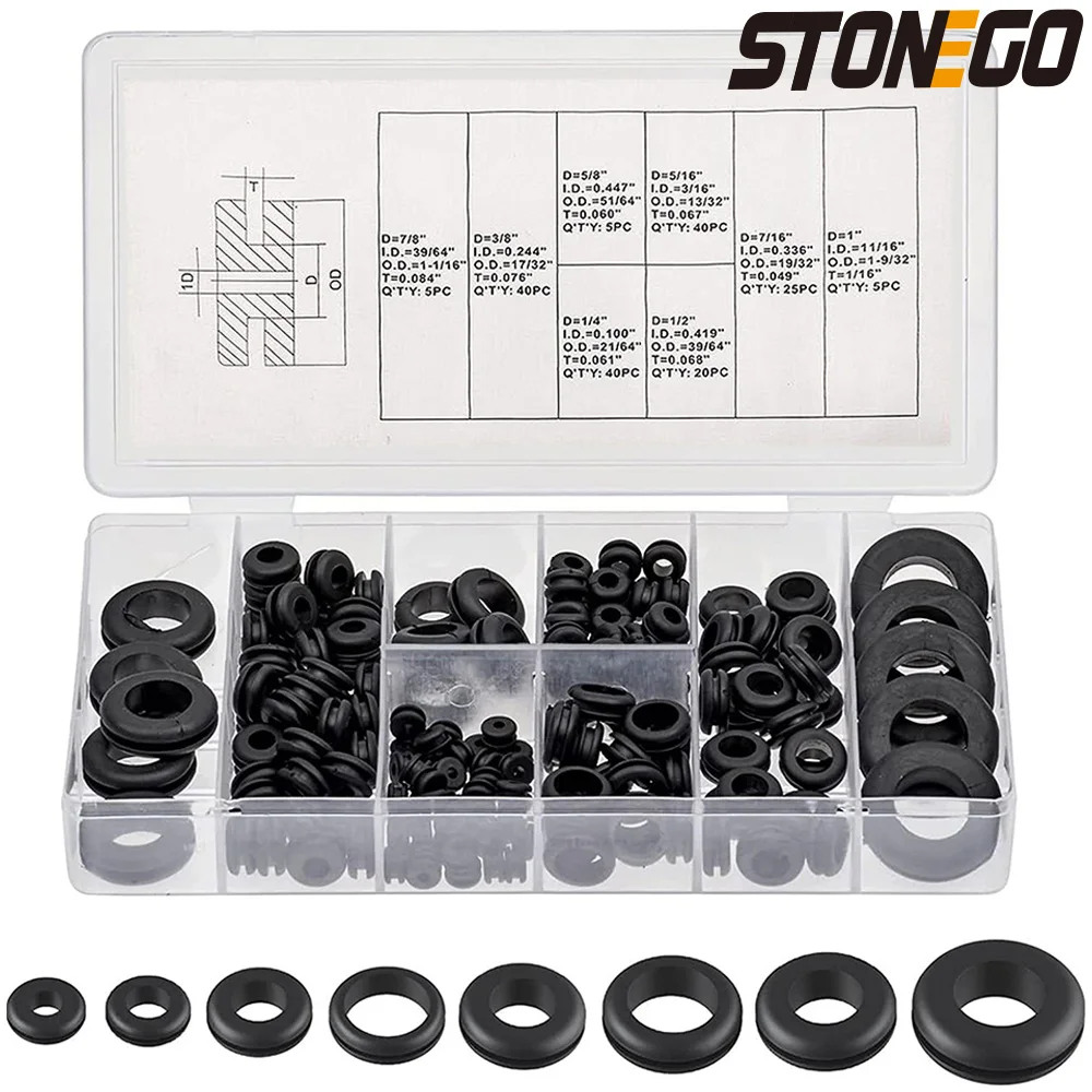 STONEGO 180 Teile/schachtel Gummitülle Sortiment Kit Gummi Loch Tülle O Ring Set 1/4", 5/16", 3/8", 7/16", 1/2", 5/8", 7/8", 1" Image